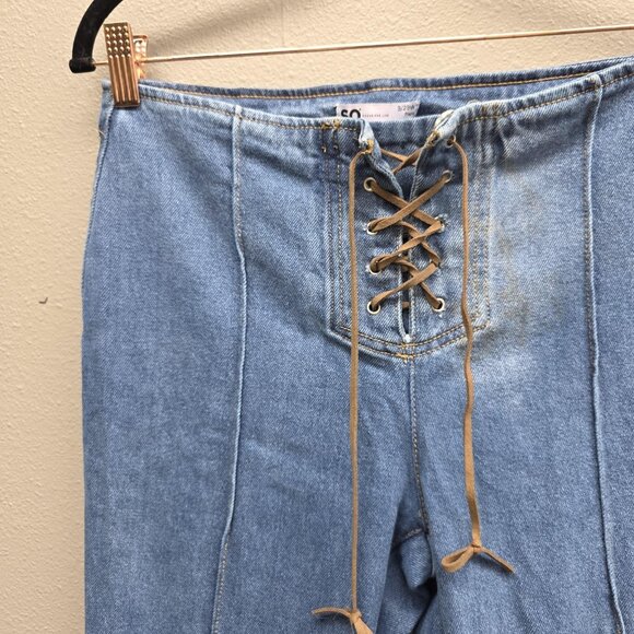 SO Flare Jeans Womens 9 29W Blue Lace Up Front High Waist Frayed Hem Retro Y2K - Picture 2 of 11